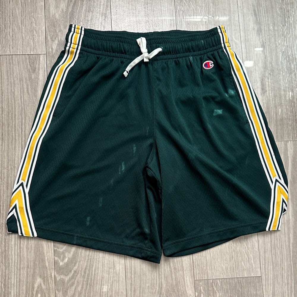 Champion Dark Green Men's Athletic Shorts with Yellow Stripes